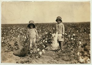 Jewel en Harold Walker, 6 en 5 jaar oud, plukken 20 tot 25 pond katoen per dag in Geronimo, Comanche County Oklahoma, 1916 door Lewis Wickes Hine