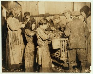 Schillers van ongeveer 10 jaar oud die oesters openen in de Varn und Platt Canning Company, Younges Island, South Carolina, 1913 door Lewis Wickes Hine