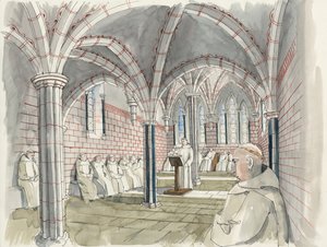 Reconstructie van de kapittelzaal van de abdij van Shap rond 1530 (aquarel op papier) door Liam Wales