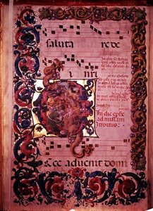 Pagina met muziek met een versierde initiaal G die de Aanbidding der Wijzen afbeeldt, uit een antifonaal, c.1473-79 door Liberale da Verona