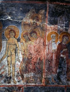 Christus, Madonna en Heiligen, fresco in klooster van Agios Georgios, Diavaide, Kreta, Griekenland