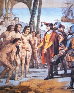 Christopher Columbus landt in de Nieuwe Wereld in 1492 en wordt begroet door Taino Indianen door Unbekannt Unbekannt