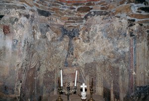 Beschadigde fresco in kerk in Kantanos, Kreta, Griekenland