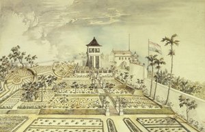 Nederlands huis met omheinde tuin op Java-eiland, Indonesië, gravure