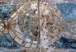 Gezicht van Christus, beschadigde fresco in de kerk van Metamorphosis Sotiros, Voutas, Kreta, Griekenland