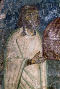 Fresco koper van kerk van Agia Anna, met model van kerk, fresco uit 1642, Anisaraki, Kreta, Griekenland door Unbekannt Unbekannt