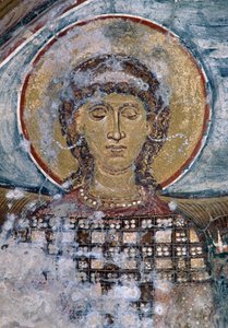 Fresco met heilige in Byzantijnse kerk van Agios Georgios, Vathi, Kreta, Griekenland