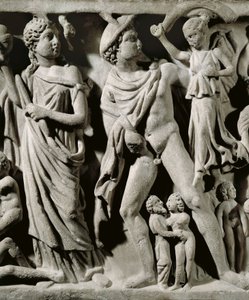 Marmeren sarcofaag, Reliëf dat de mythe van Prometheus uitbeeldt, Detail, Hermes en een van de Parcae of Schikgodinnen, Uit Arles door Unbekannt Unbekannt