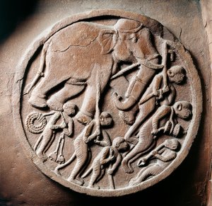Medallion met apen en olifanten, reliëf van Stupa van Bharhut, boeddhistisch monument, Madhya Pradesh, India, Indiase beschaving, 2e eeuw v.Chr.