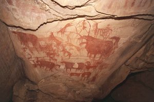 Schilderij met jachtscènes, Saharische rotstekeningen, Enneri Tougwi, Tibesti, Tsjaad door Unbekannt Unbekannt
