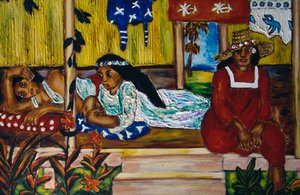 Polynesische vrouwen, glas-in-loodraam, Moorea-eiland, Genootschapseilanden, Frans-Polynesië, overzees gebied van de Franse Republiek door Unbekannt Unbekannt