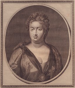 Portret van Anne Stuart, Koningin van Groot-Brittannië (1665-1714), kopergravure door John Goldar (1729-1795) naar schilderij van G Kneller
