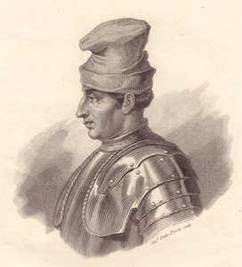 Portret van Italiaanse militaire leider Niccolo Fortebraccio ook bekend als della Stella, kopergravure door Caterina Piotti-Pirola