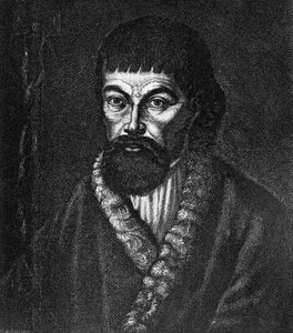 Portret van Yemelyan Ivanovich Pugachov (ca 1742-1775), leider van een grote Kozakken- en boerenopstand in Rusland in 1773-1774, gravure naar olieverfschilderij door Unbekannt Unbekannt