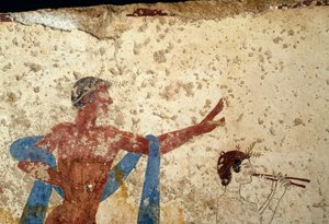 Processie met atleet, detail, fresco uit het Graf van de Duiker, Paestum, Campania, Italië, Oud-Griekse beschaving, Magna Graecia, 3e eeuw v.Chr. (foto) door Unbekannt Unbekannt