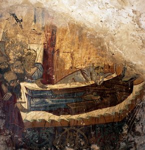 Resten van fresco in Byzantijnse kerk van Agios Georgios Xifoforos, Apodoulou, Kreta, Griekenland (foto)