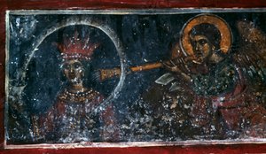 Heilige die de hoorn bespeelt, fresco in de kerk van Agios Ioannis Prodromos, Margarites, Kreta, Griekenland