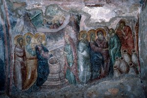 De Bruiloft te Kana, fresco in de Agia Sophia kerk door Unbekannt Unbekannt