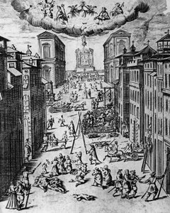 De pest in Milaan in 1630, ets, Italië