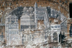 Uitzicht op klooster, fresco in het Ikosifinissis klooster, nabij Serres, Griekenland door Unbekannt Unbekannt