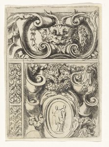Cartouche met dierenkop en daaronder een cartouche met Madonna met kind door Lieven Mehus