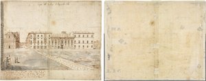 Achttien uitzichten van Rome: Het Collegio di Propaganda Fide (recto); Schetsen van ramen en pilasters van de zolderverdieping van het Collegio di Propaganda Fide (verso) door Lievin Cruyl