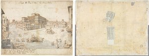 Achttien Zichten van Rome: De Piazza Barberini (recto); Tracering van een Fontein van Recto en Schetsen van Twee Gezichten (verso) door Lievin Cruyl