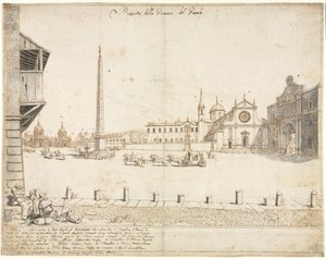 Achttien uitzichten van Rome: Het Piazza del Popolo (recto) door Lievin Cruyl