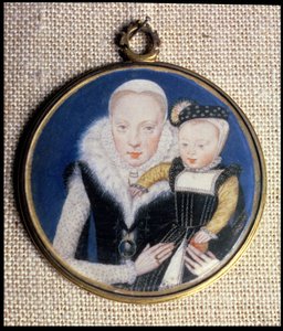 Portretminiatuur van Lady Katherine Seymour, geboren Grey, gravin van Hertford, met haar zoon en het miniatuur van haar man, ca. 1562