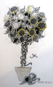 Zonnebloemschikking, 2015 (pen en inkt)