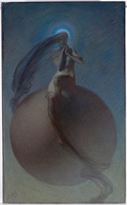 ""De zoektocht"" Dromerige voorstelling, vrouwelijke silhouet geplaatst op een wereldbol - Schilderij van Lindsay Bernard Hall (1859-1935)