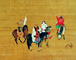 Kublai Khan (1214-94) op jacht, Yuan-dynastie (inkt en kleur op zijde) (detail) door Liu Kuan tao