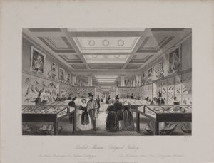 Zoologische Galerij, Brits Museum met bezoekers die naar tentoonstellingen kijken, c.1850 (gravure) door Llewellyn (after) Jewitt