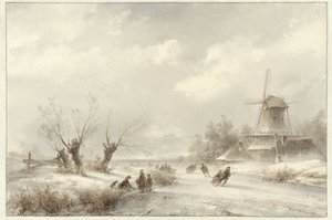 Winterlandschap met schaatsenrijders bij een molen door Lodewijk Johannes Kleijn