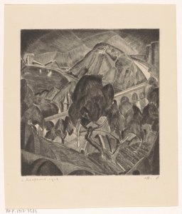 Berglandschap met aquaduct door Lodewijk Schelfhout (signed by artist)
