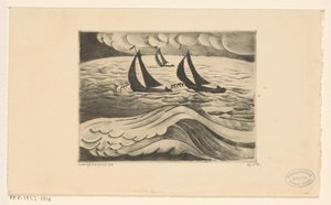Drie zeilschepen bij storm op zee door Lodewijk Schelfhout (signed by artist)