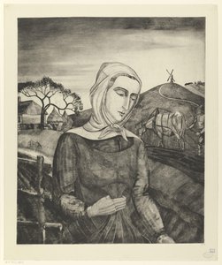Vlaamse boerin in een heuvellandschap door Lodewijk Schelfhout (signed by artist)
