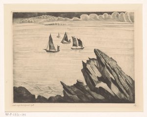 Zeilschepen bij de Bretonse kust door Lodewijk Schelfhout (signed by artist)