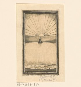 Zeilschip op zee bij opgaande of ondergaande zon door Lodewijk Schelfhout (signed by artist)