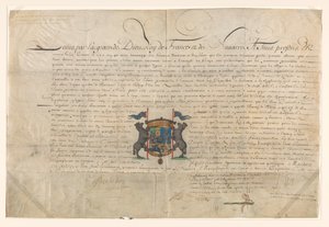Diploma waarbij Lodewijk XIV Cornelis Lampsins verhief tot baron van Tobago en ridder van de Orde van St. Michel door Lodewijk XIV (koning van Frankrijk) (signed by artist)