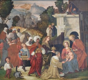Aanbidding van de wijzen met heiligen Bernard en Alderic in het landschap