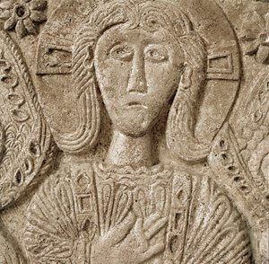 Archeologie van de Middeleeuwen. Barbaarse kunst van Lombardije: detail van Christus, laag reliëf van het altaar van Hertog Rachis. Beeldhouwwerk, Lombardische kunst, 737-744