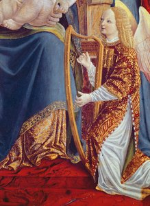 Madonna en kind met engel muzikanten, detail van engel muzikant die harp speelt, c.1490-1500