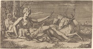 Diana Rustend door Léon Davent after Francesco Primaticcio