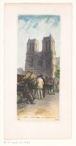 Gezicht op de Notre-Dame te Parijs met boekhandelaren in de voorgrond