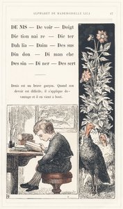 Denis, Plicht, Vinger, Woordenboek, Dicteren, Dahlia, Suède, Top, Kalkoen, Zondag, Tekening, Diner, Dessert, pagina 17 - Alfabet door juffrouw Lili, door L. Froelich en door een vader (Hetzel zelf). Bibliotheek & Magasin d