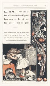 Pauline, Schoon, Waterpot, Haar, Duif, Appels, Vlinder, Pruimen, Papegaai, pagina 29 - Alfabet door Mademoiselle Lili, door L. Froelich en door een vader (Hetzel zelf). Bibliotheek & Magasin d