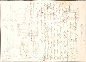 Meubelontwerpen getekend op een brief door Lorenz Frølich
