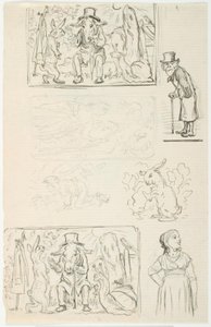 Zeven ontwerpen, waaronder voor H.C. Andersens De snelle lopers, De slak en de rozenhaag en Anne Lisbeth door Lorenz Frølich