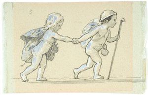 Vignet met wandelende jongen en meisje, hand in hand door Lorenz Frølich